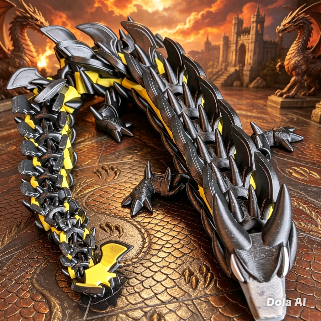 XL Flexi Dragon - Black/Yellow - handmade 3D printed flexi dragon by 3DEE Prints