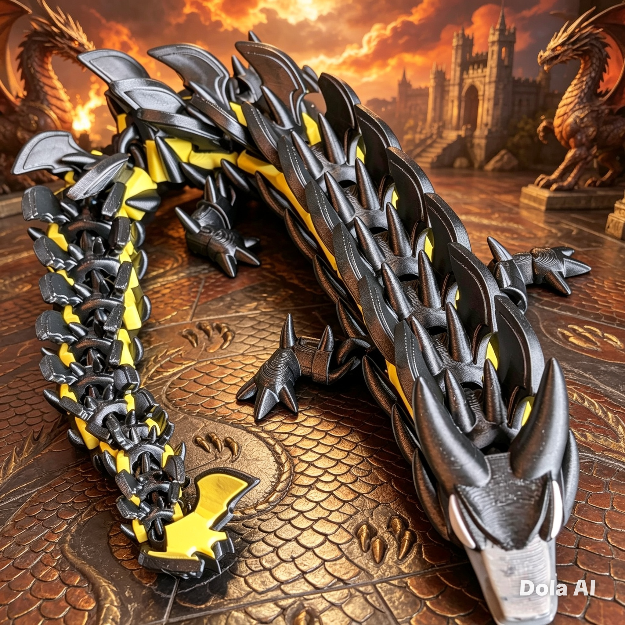 XL Flexi Dragon - Black/Yellow - handmade 3D printed flexi dragon by 3DEE Prints