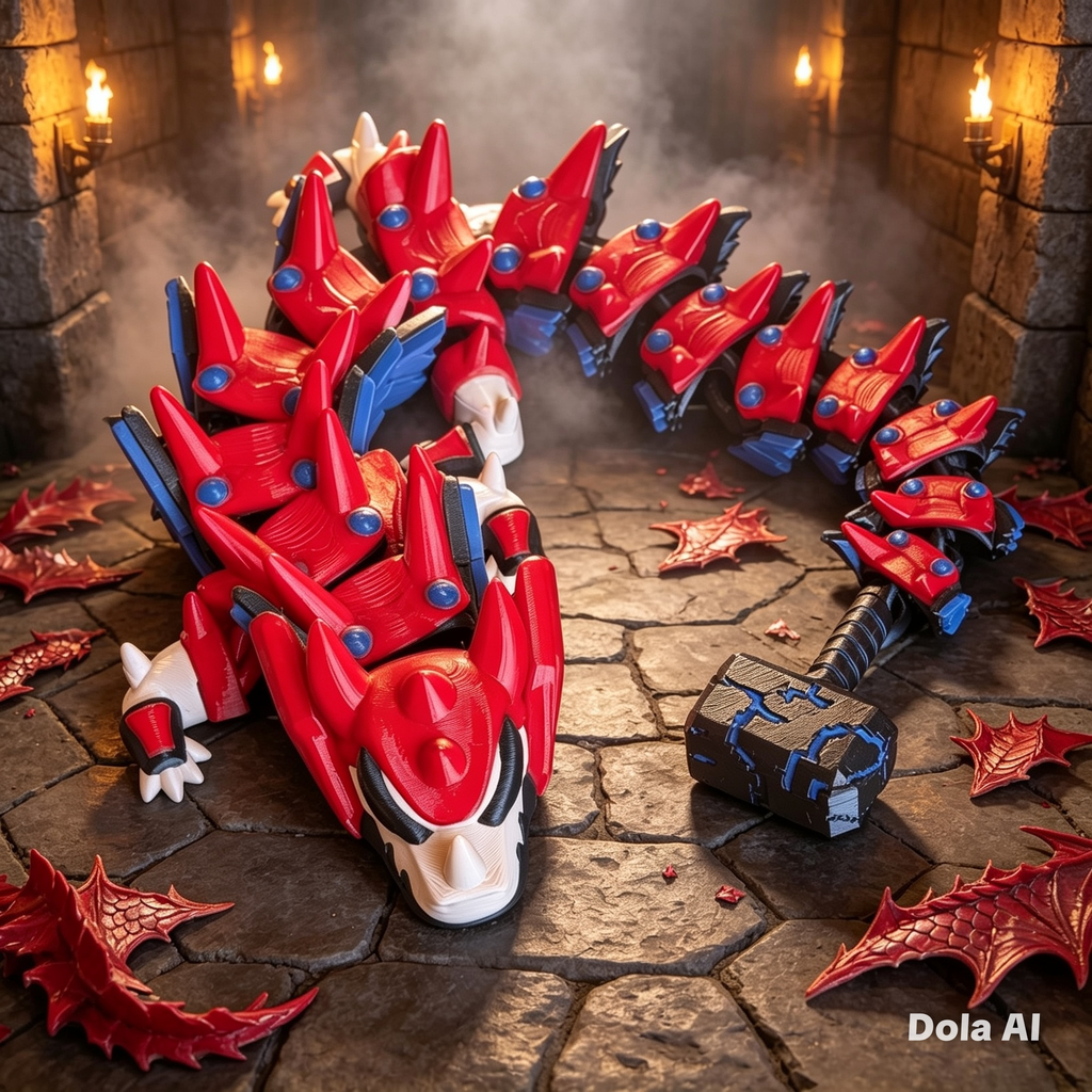 XL Flexi Dragon - Red/Blue - handmade 3D printed flexi dragon by 3DEE Prints